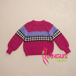 Cárdigan tejido a mano en color fucsia con lila
